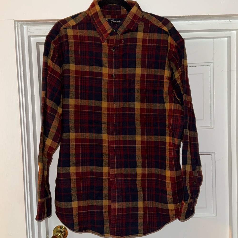 Men’s burgundy, brown, and navy flannel button-down